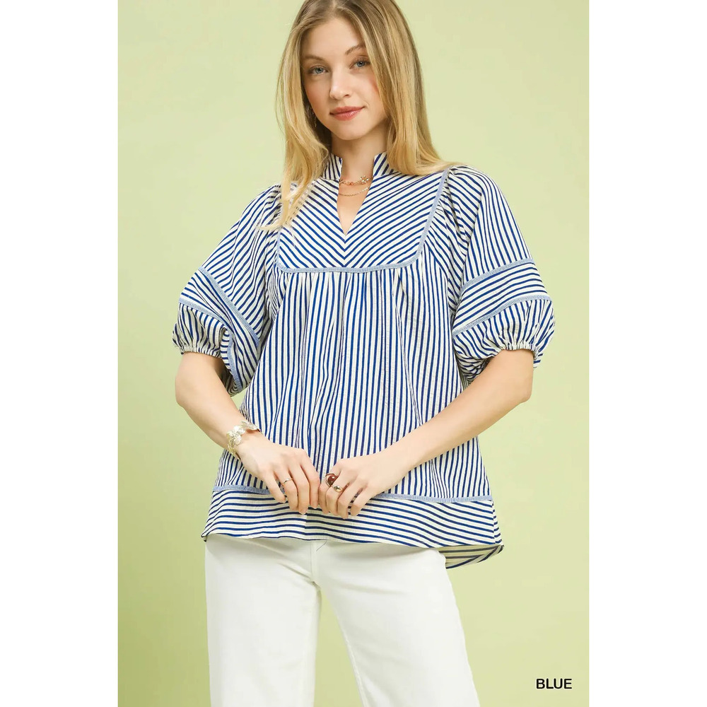 Umgee Striped Puff Sleeve Babydoll Top